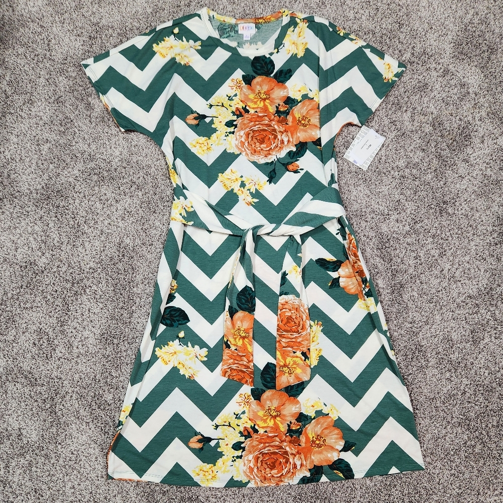 LuLaRoe Marly Floral Chevron Midi Belted Dress With Pockets